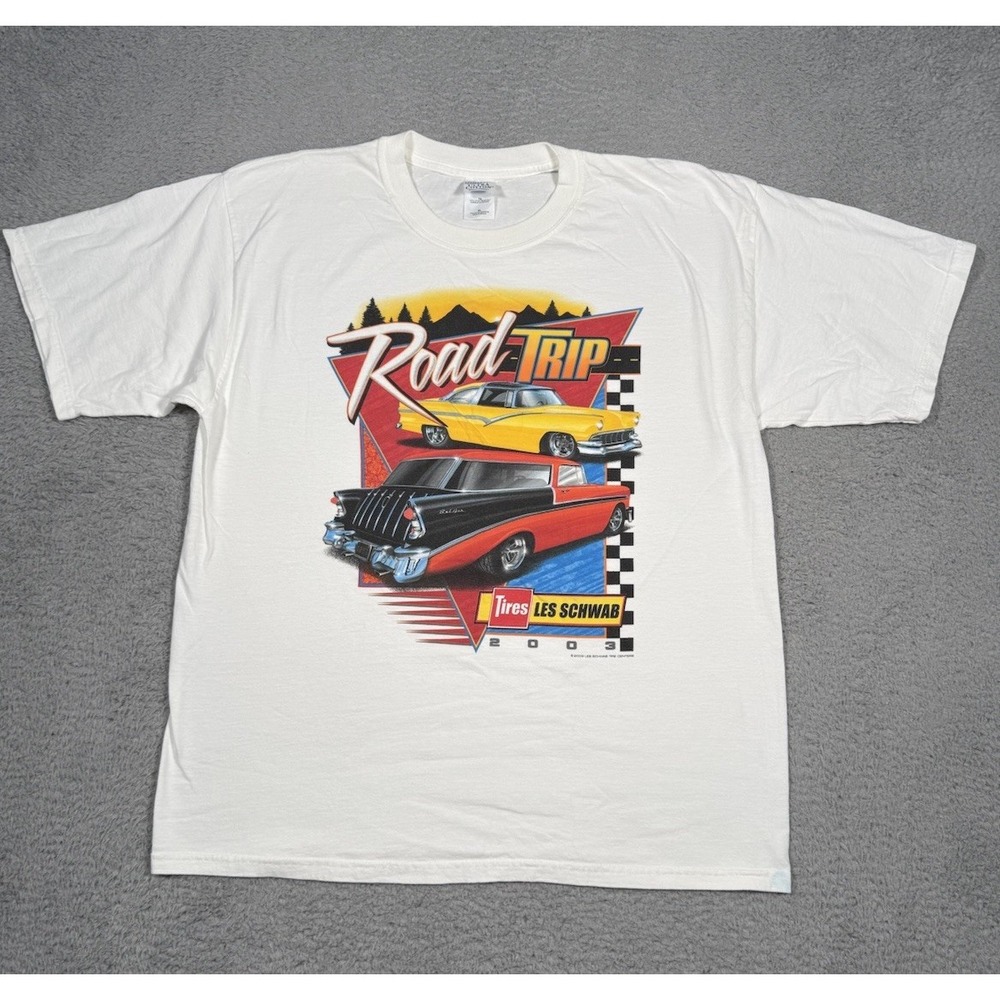 Vintage Y2K Road Trip Tires Les Schwab Graphic Print T-Shirt White‎ Mens XL Car